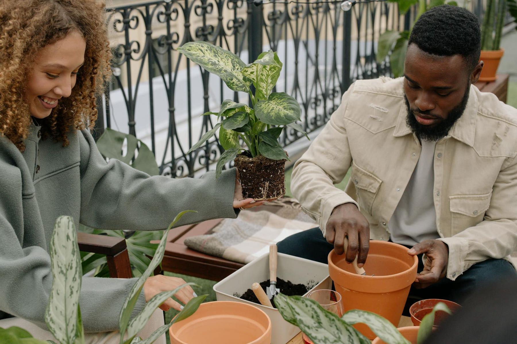 Two friends potting plants together indoors, enjoying a relaxed gardening session on a balcony. on Urban Sprout Corner